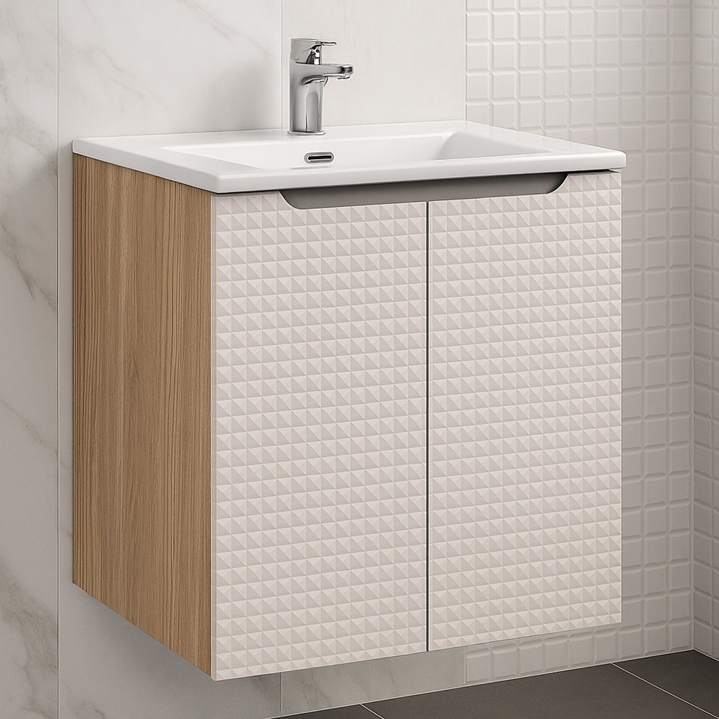 Luxor 3D Diamond Pattern 2 Door Bathroom Vanity Cabinet with Built-In Basin 60cm - Oak / Beige