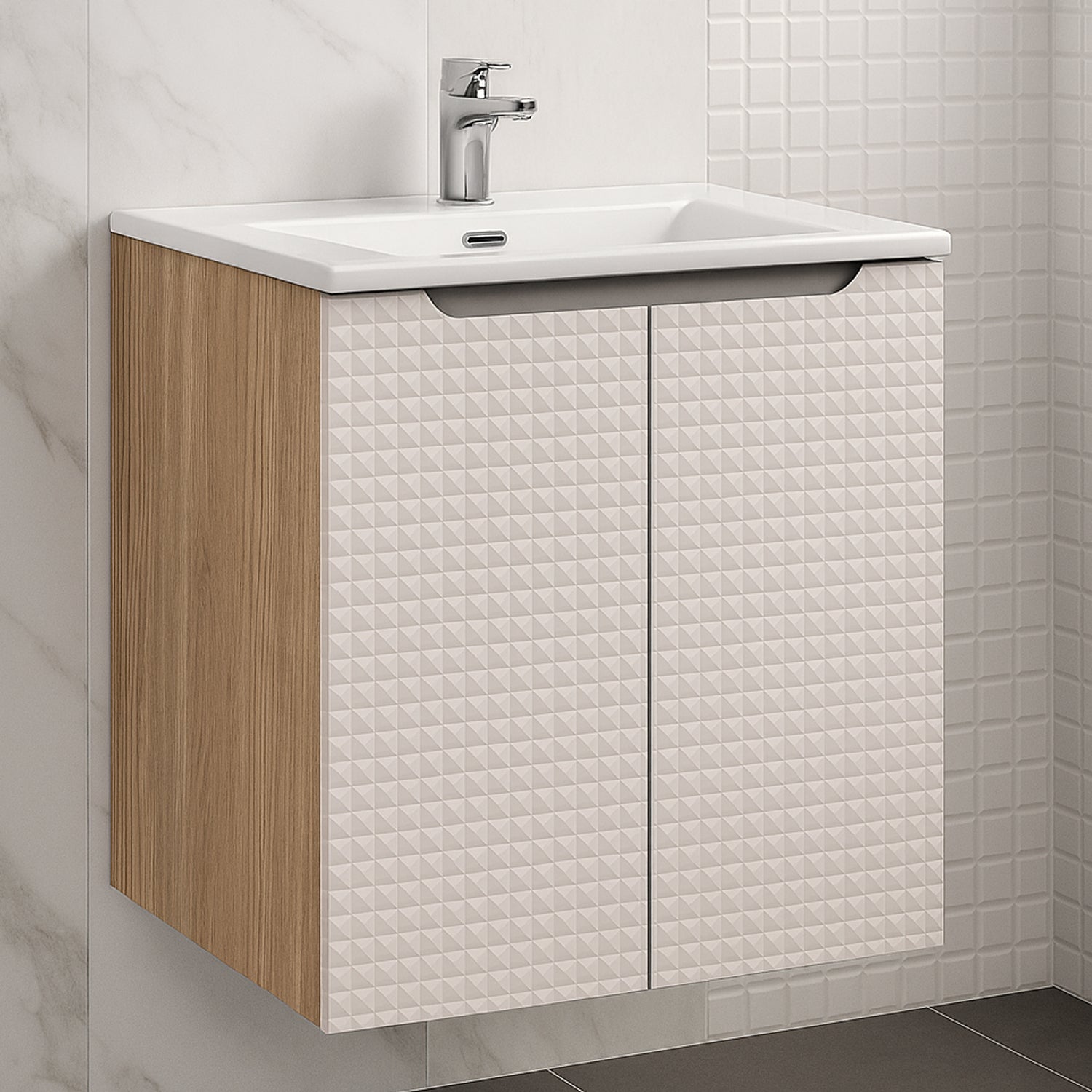 Luxor 3D Diamond Pattern 2 Door Bathroom Vanity Cabinet with Built-In Basin 60cm - Oak / Beige