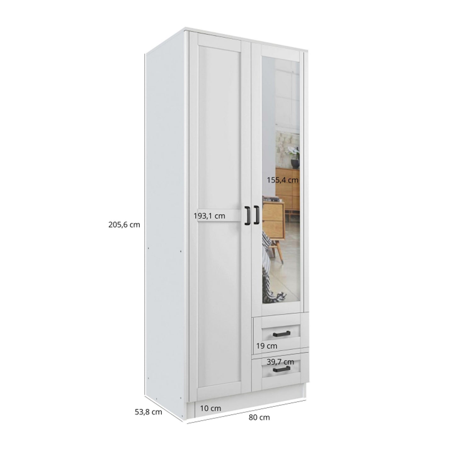 Lola 2 Door Shaker Style Mirrored Wardrobe with Drawers 80cm - White