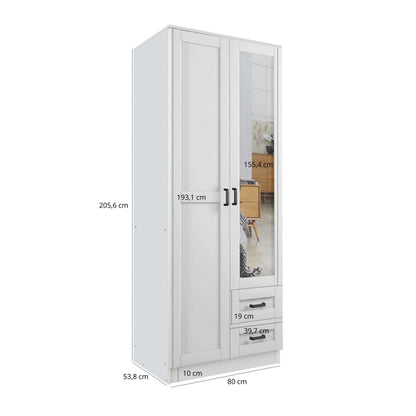 Lola 2 Door Shaker Style Mirrored Wardrobe with Drawers 80cm - White