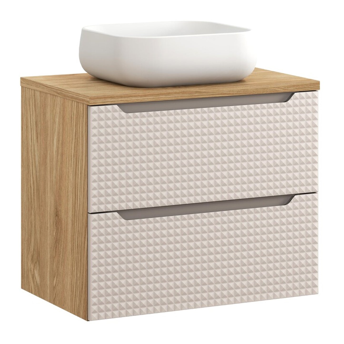 Luxor 3D Diamond Pattern 2 Drawer Bathroom Vanity Cabinet with Square Worktop Basin 70cm - Oak / Beige