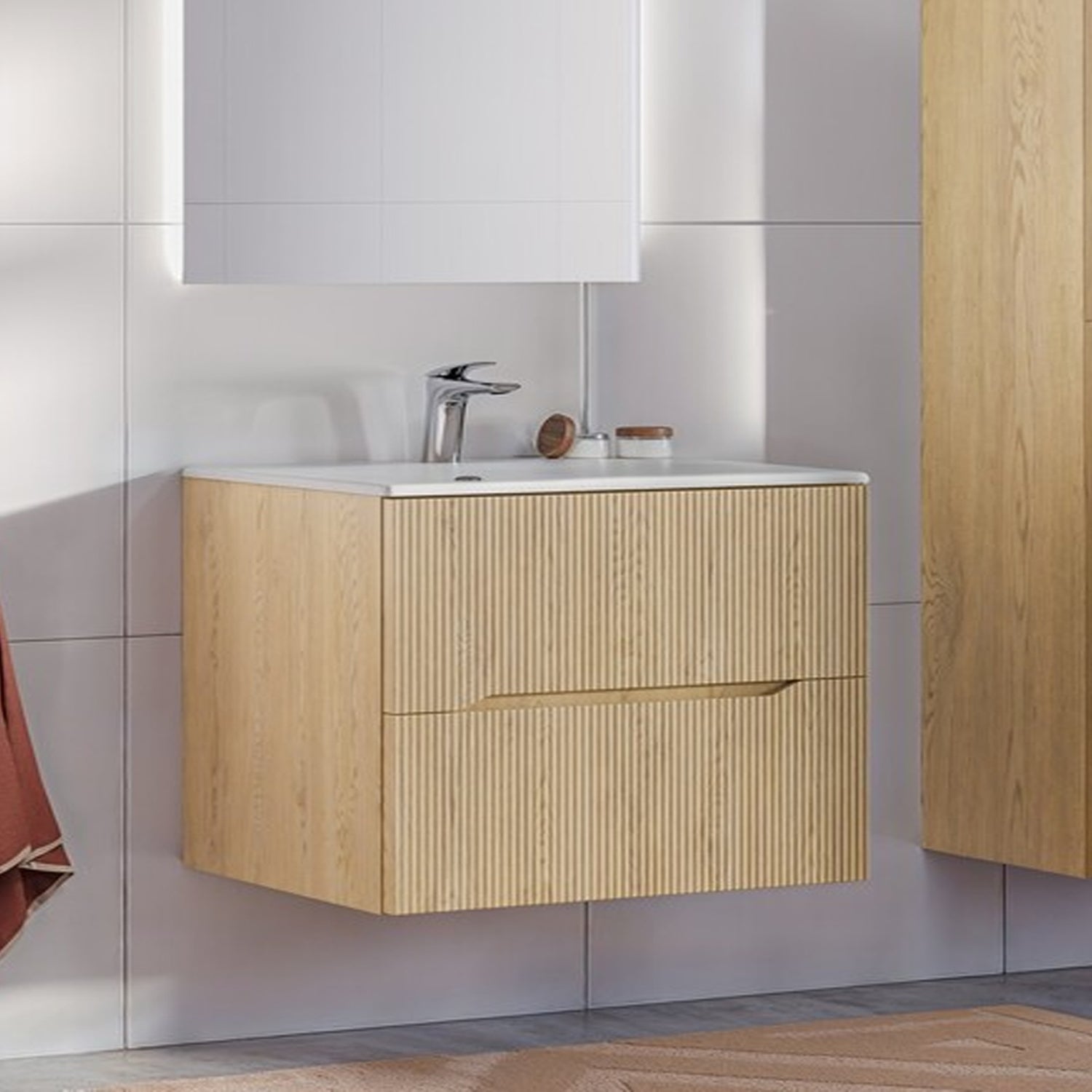 Nordic Bathroom Cabinet 80cm with 2 Drawers and Basin - Cremona Oak