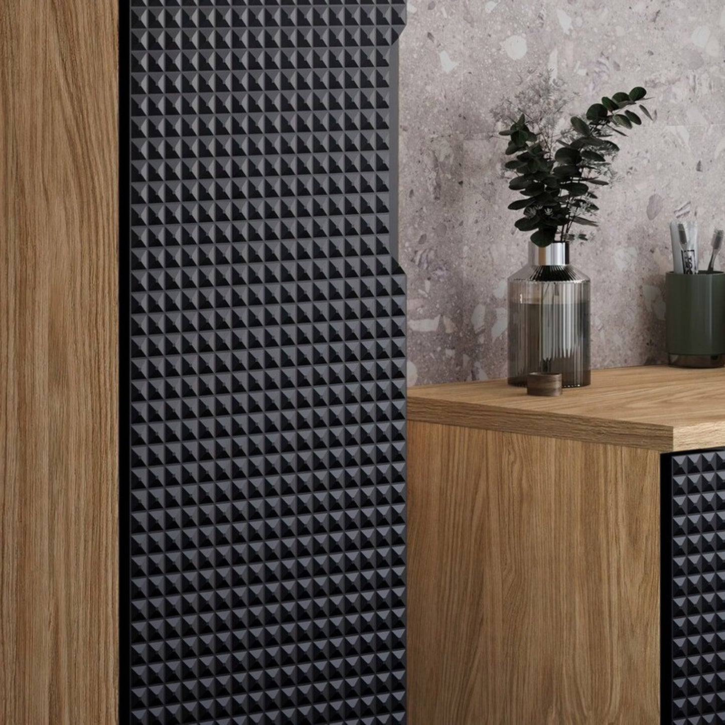 Luxor 3D Diamond Pattern 1 Door Tall Bathroom Cabinet - Oak / Black