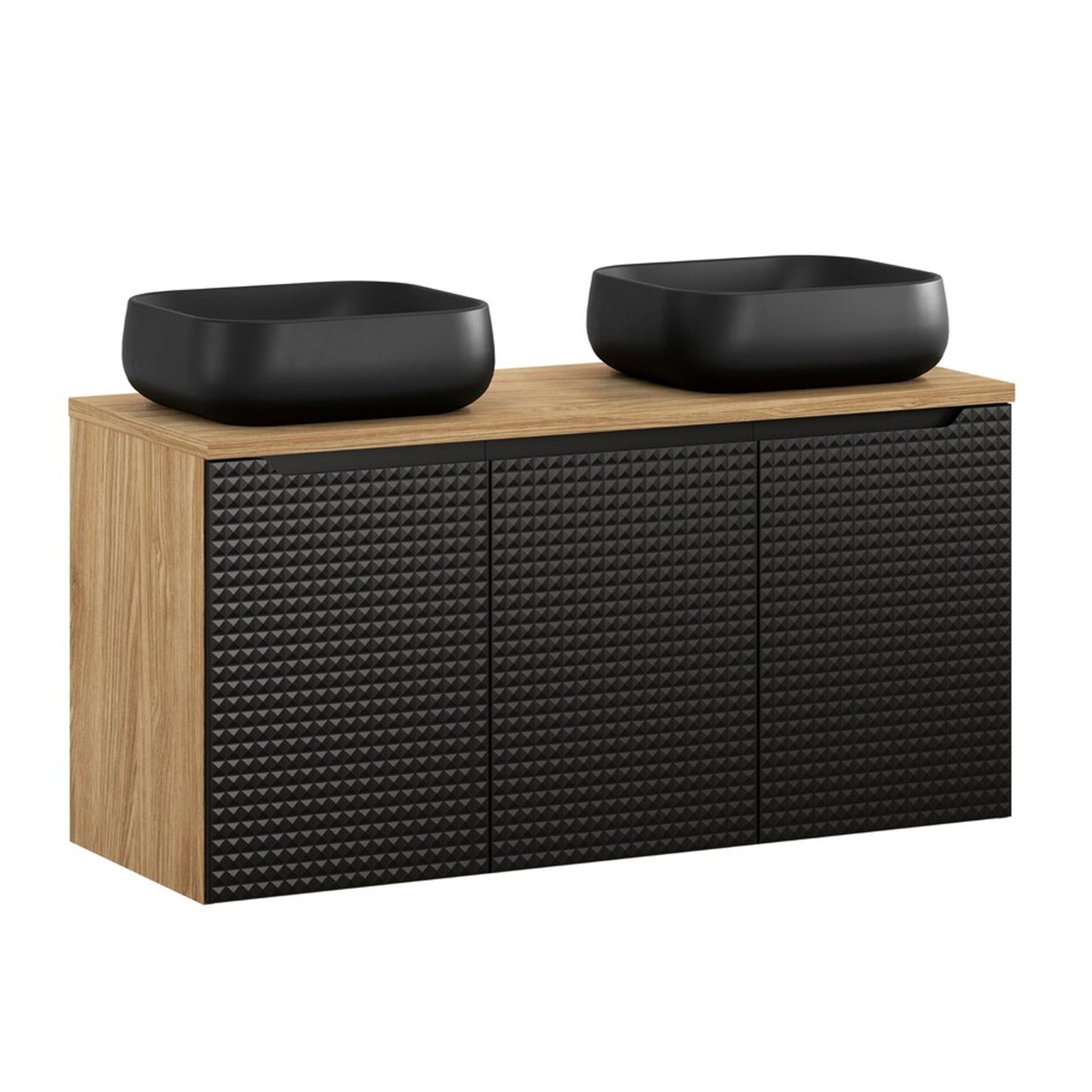 Luxor 3D Diamond Pattern 3 Door Bathroom Vanity Cabinet with 2 Square Worktop Basins 120cm - Oak / Black