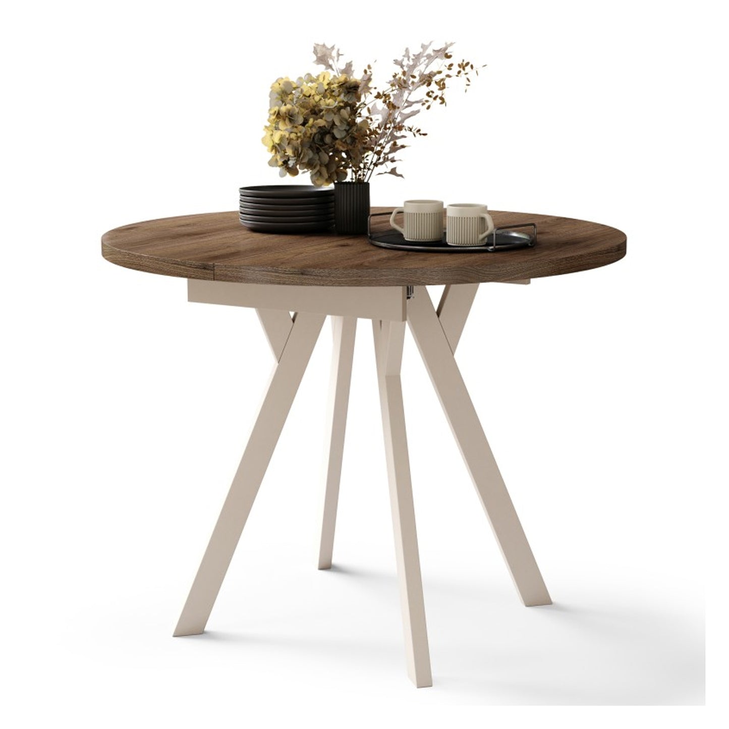 Aldo Modern Round to Oval Extending Dining Table with Steel Legs 100cm - Elegance Walnut / Beige