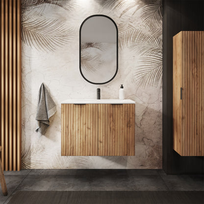 Flow Wall-Mounted 2 Door Bathroom Vanity Cabinet with Basin 80cm - Gold Craft Oak