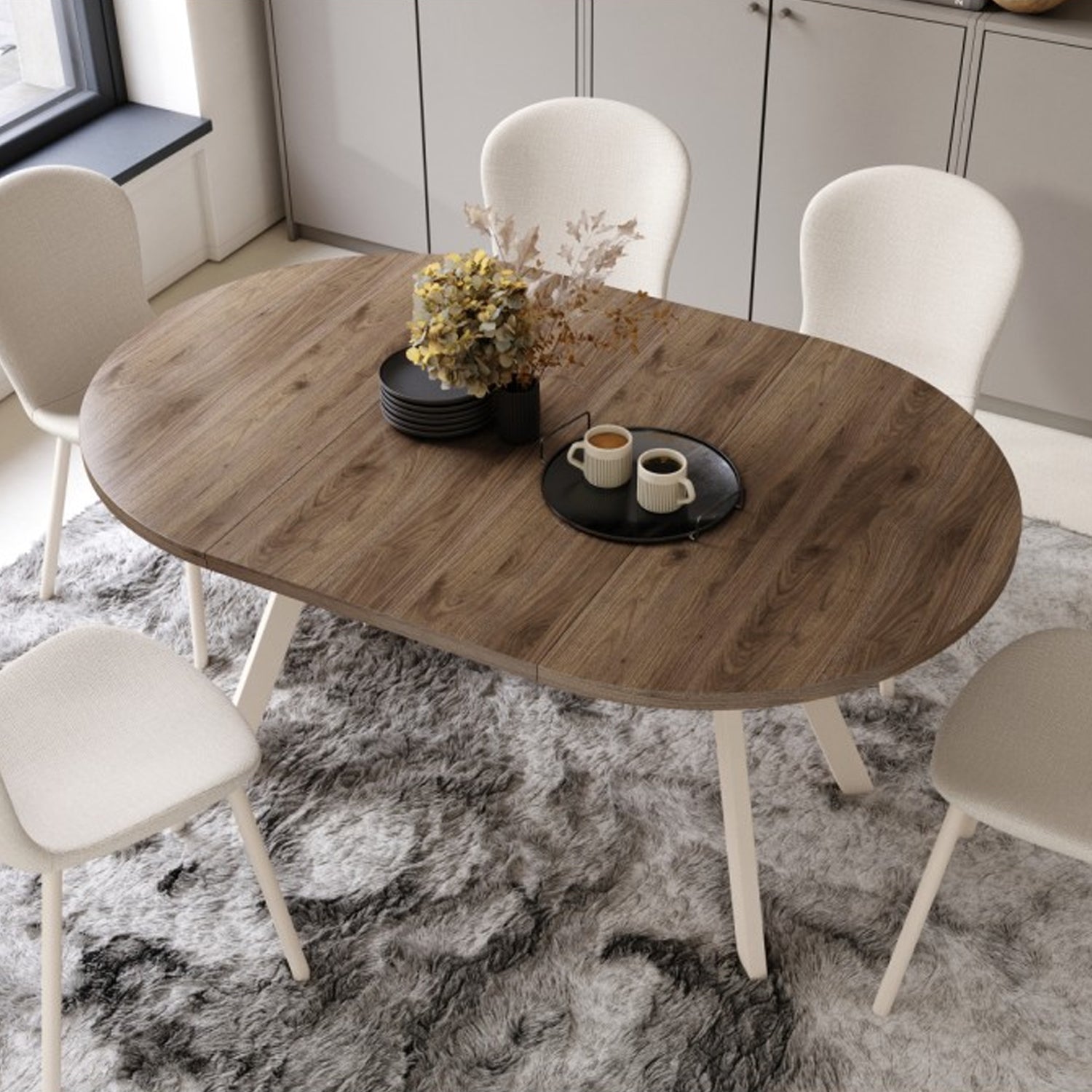 Aldo Modern Round to Oval Extending Dining Table with Steel Legs 100cm - Elegance Walnut / Beige