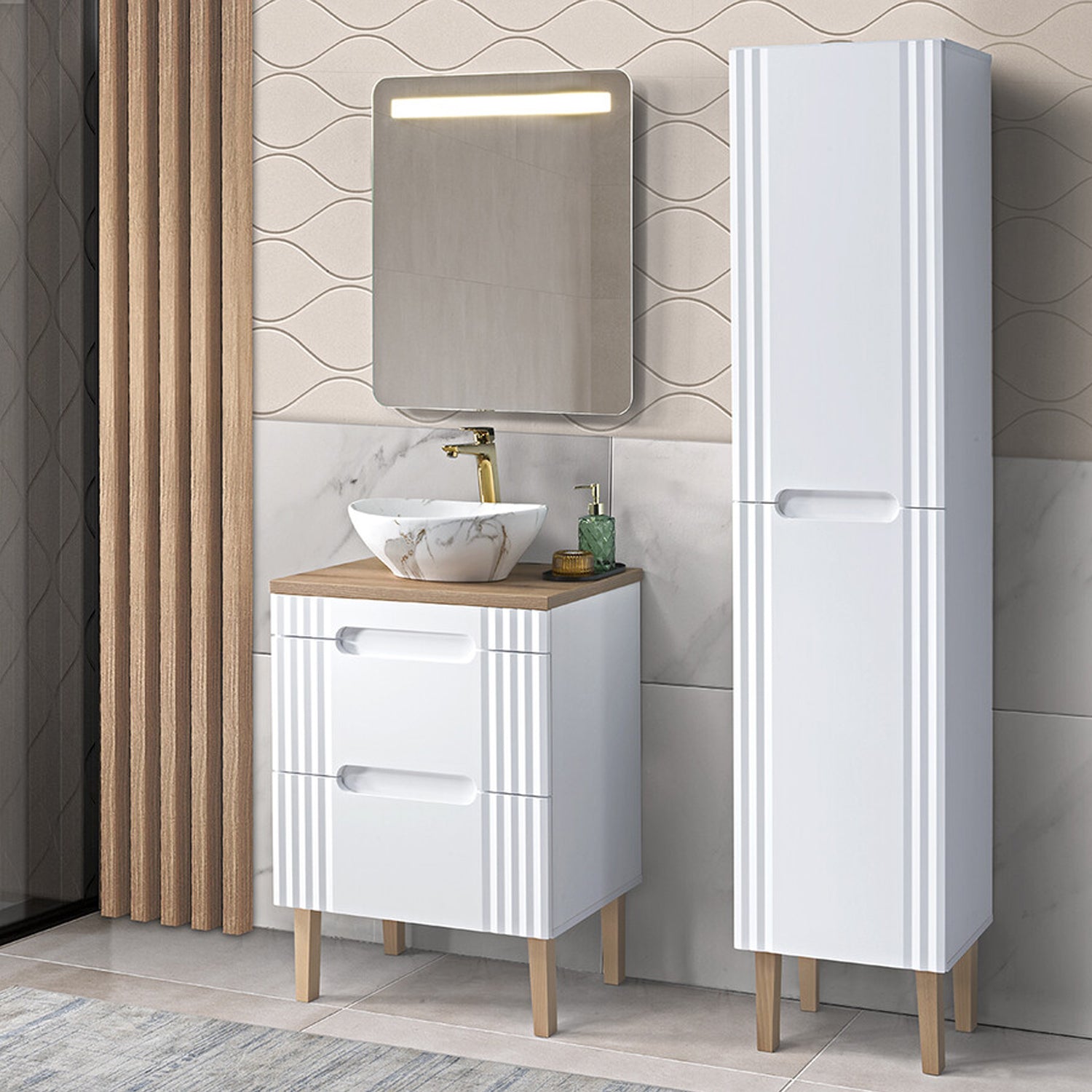 Fija Bathroom Cabinet Vanity Set 60 cm with Oval Basin and Tall Unit - White