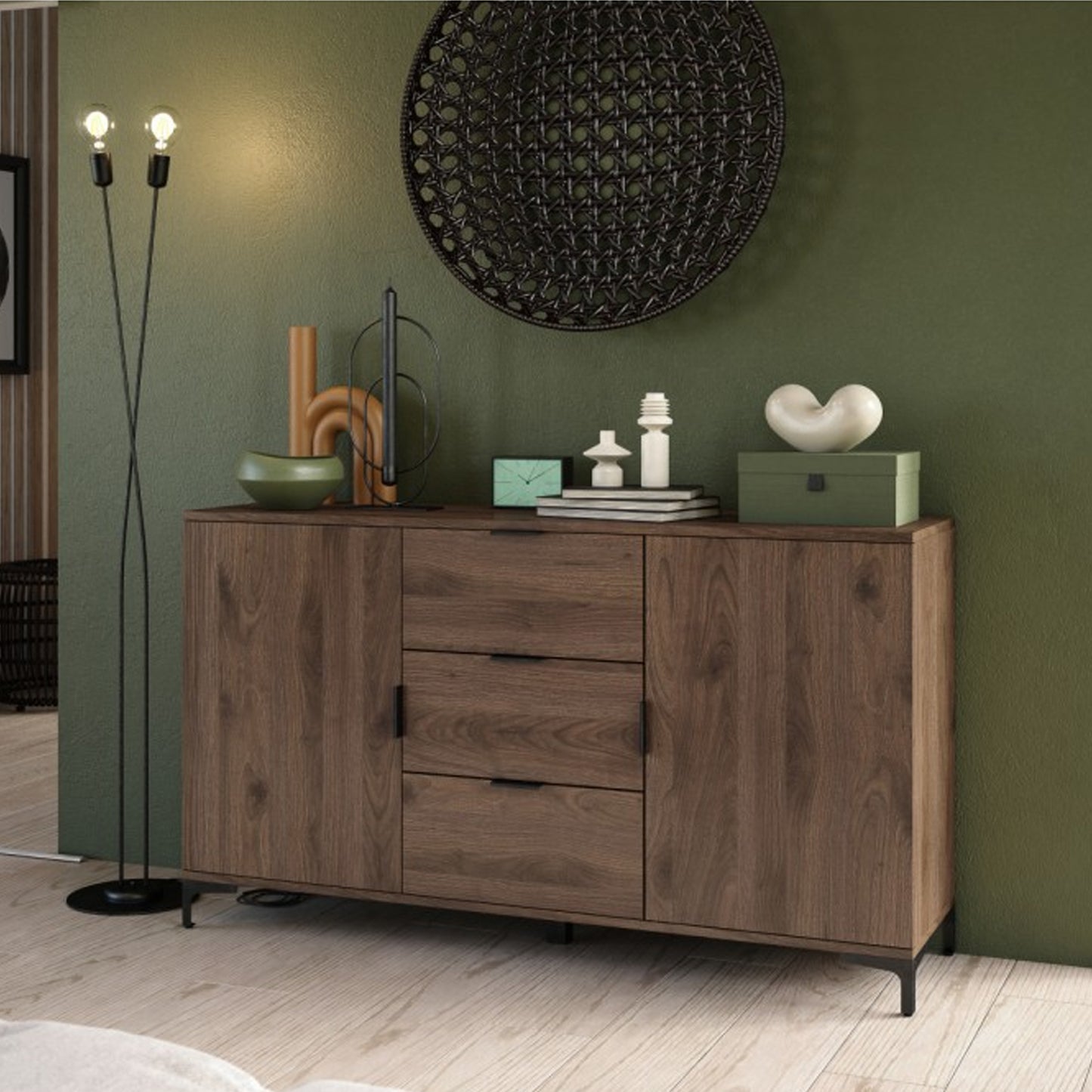 Lana Modern Storage Sideboard with Cabinets and Drawers - Elegant Walnut