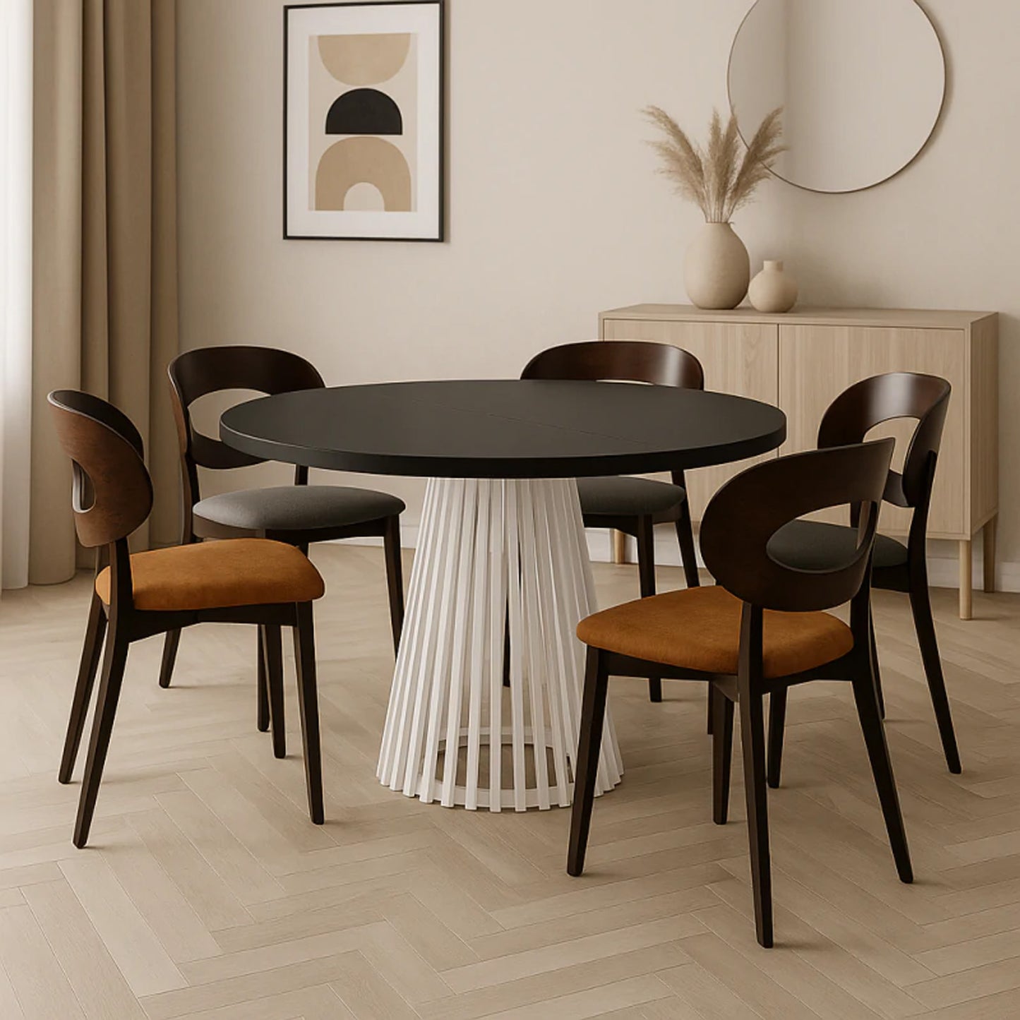 Ruston Round Extendable Table with Slats - Black / White