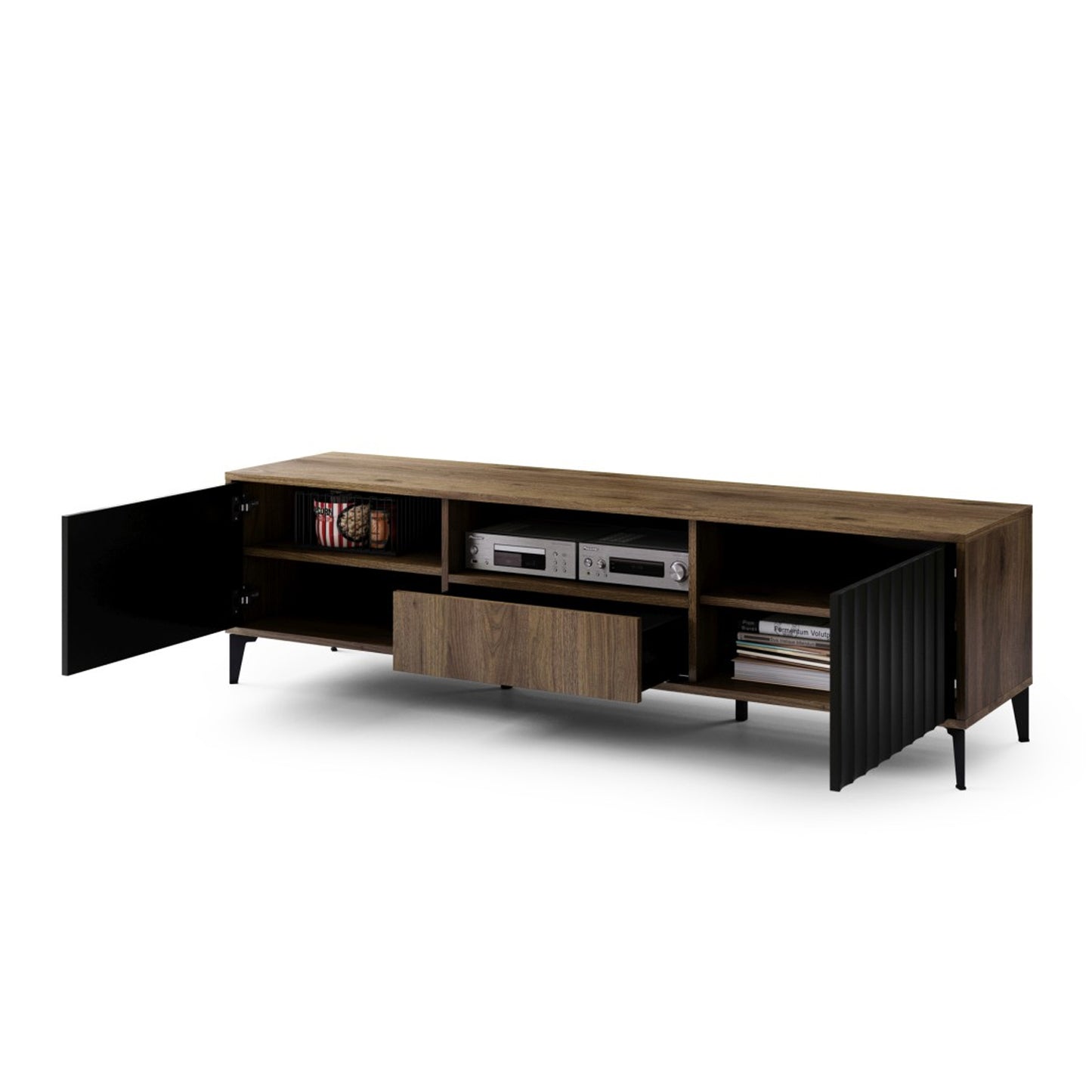 Rimini Premium TV Unit with Storage Modern Textured Drawers - Elegant Walnut / Black
