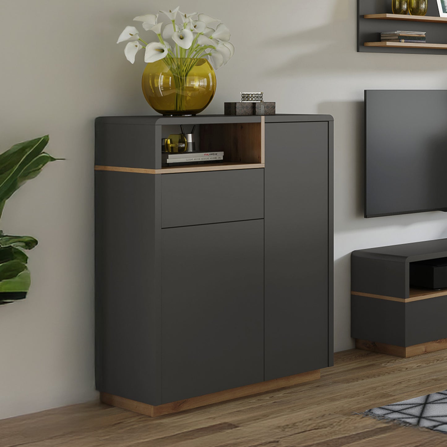 Folk Modern Loft Style Tall Sideboard with Drawer and Display Shelf - Anthracite/ Artisan Oak
