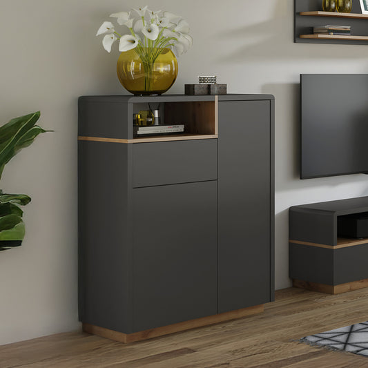 Folk Modern Loft Style Tall Sideboard with Drawer and Display Shelf - Anthracite/ Artisan Oak