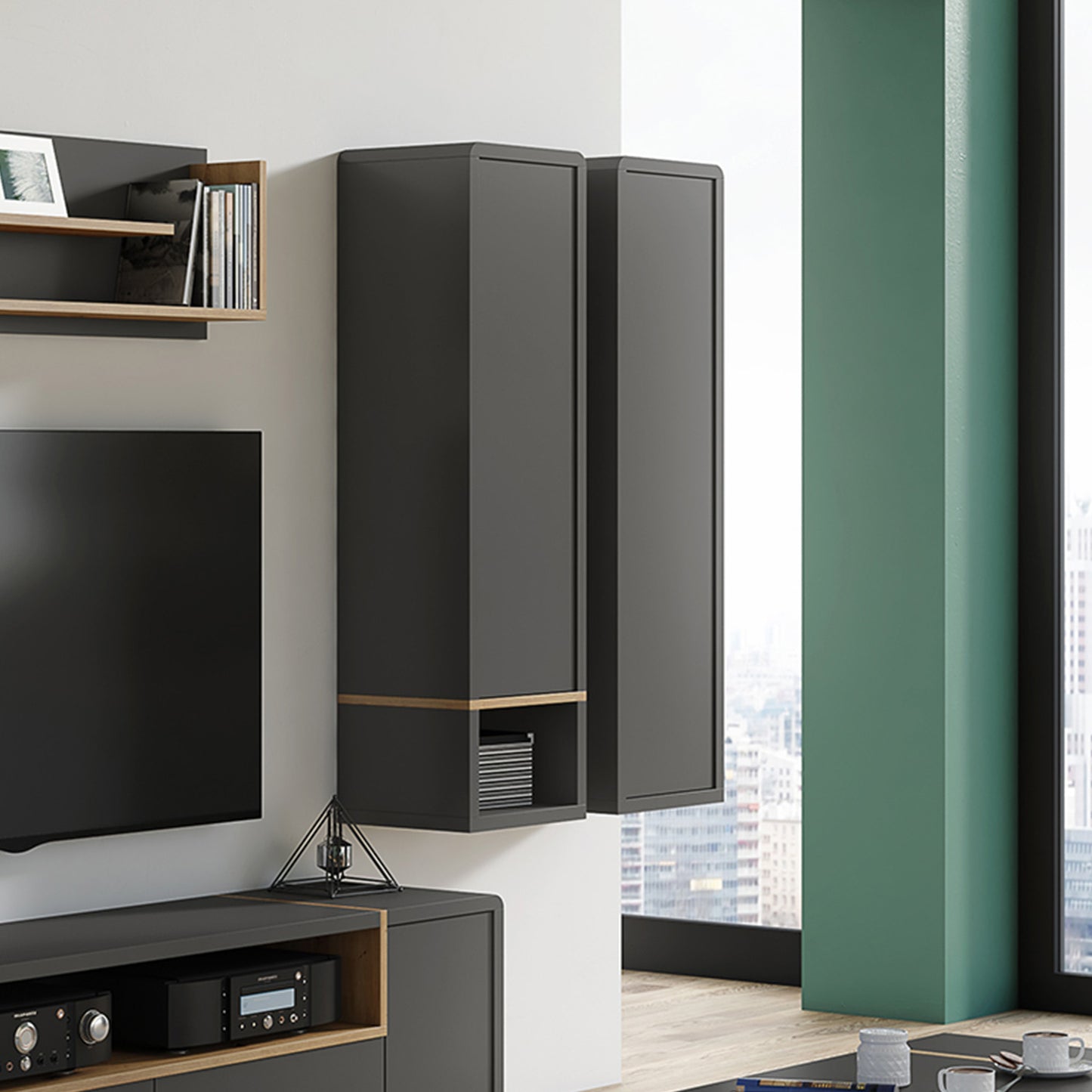 Folk Modern Loft Style Tall Wall Cabinet with Closed Door and Open Shelf – Anthracite / Artisan Oak