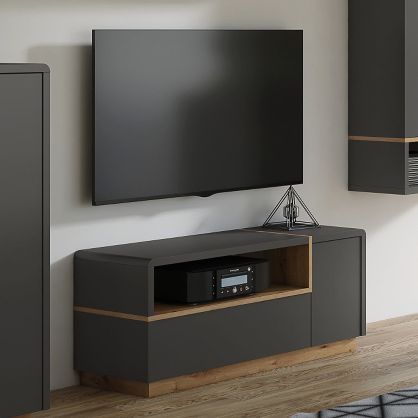 Folk Modern Loft Style TV Cabinet with Open Shelf – Anthracite / Artisan Oak