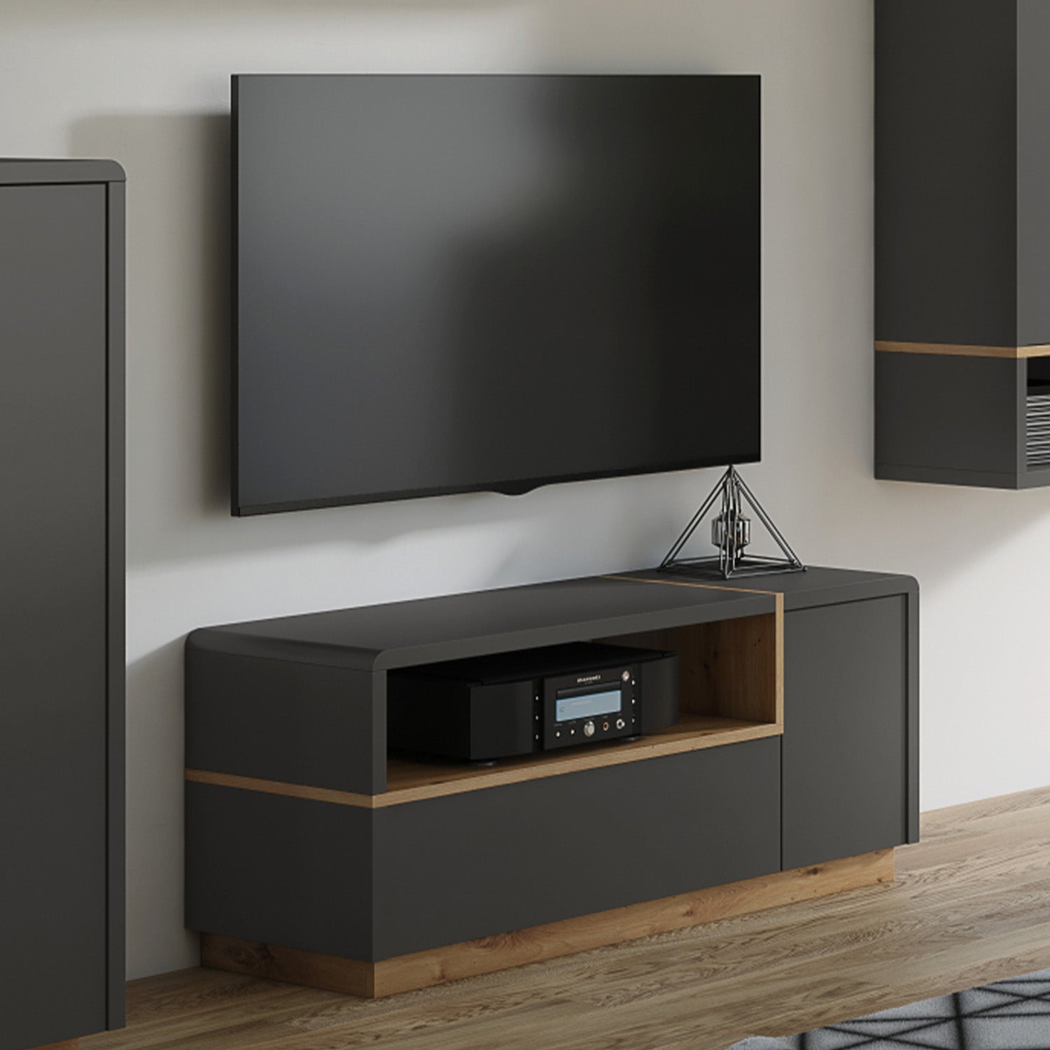 Folk Modern Loft Style TV Cabinet with Open Shelf – Anthracite / Artisan Oak