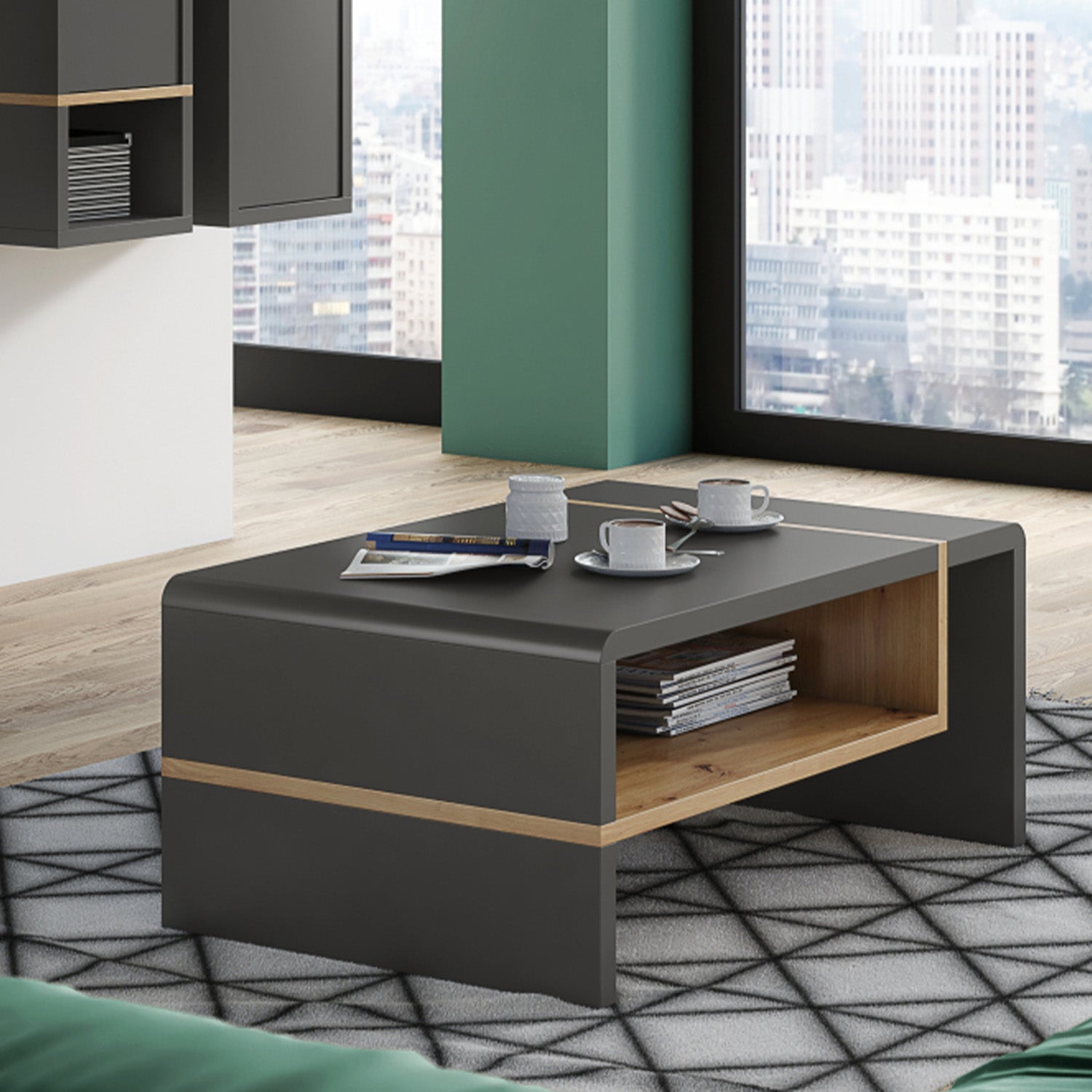 Folk Modern Loft Style Coffee Table with Open Shelf – Anthracite / Artisan Oak