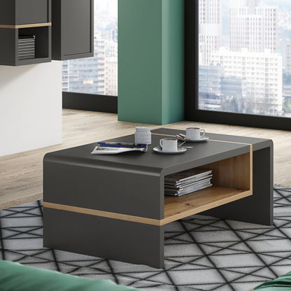 Folk Modern Loft Style Coffee Table with Open Shelf – Anthracite / Artisan Oak