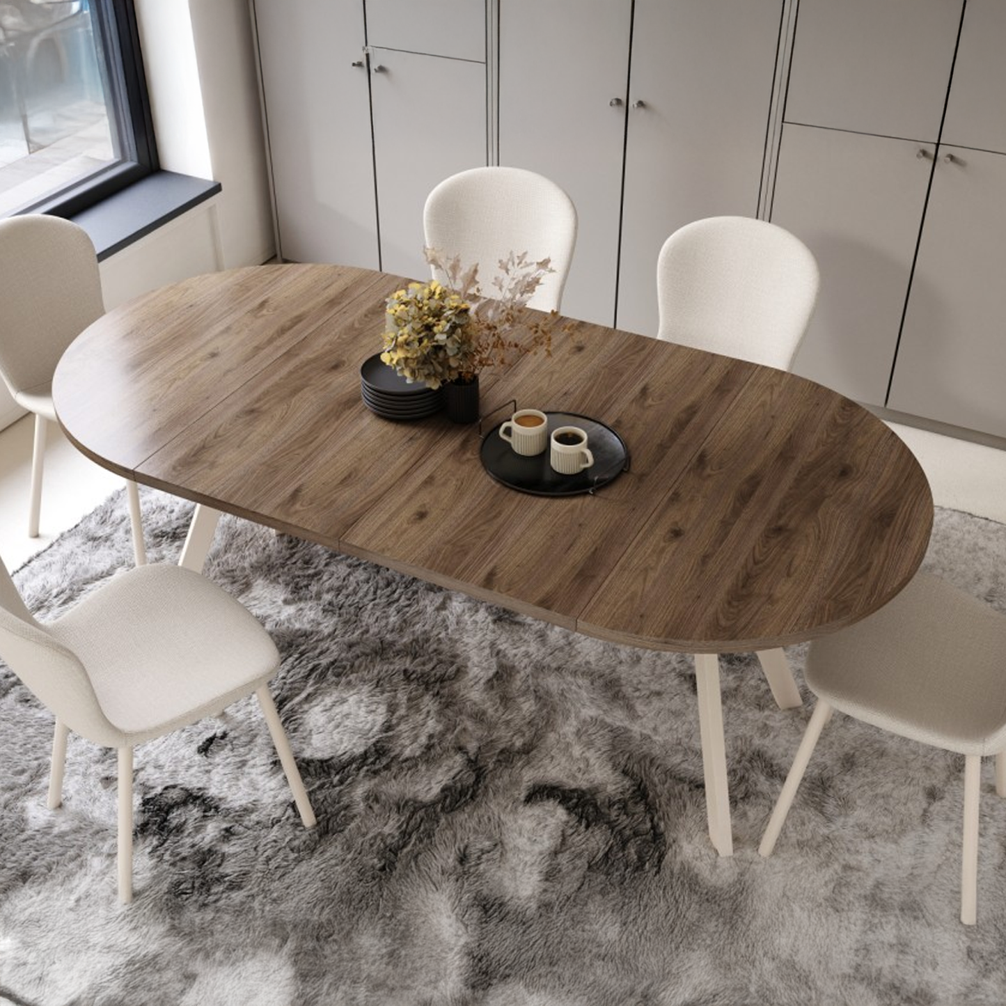 Aldo Modern Round to Oval Extending Dining Table with Steel Legs 100cm - Elegance Walnut / Beige