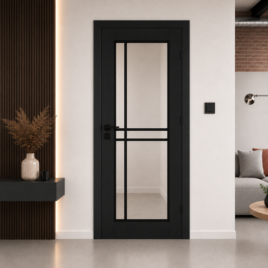 Piano 50 Transparent Glass Internal Rebated Door Set with Frame and Handle - Black