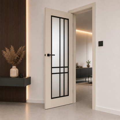 Piano Frosted Glass Internal Rebated Door Set with Frame and Handle - Cashmere