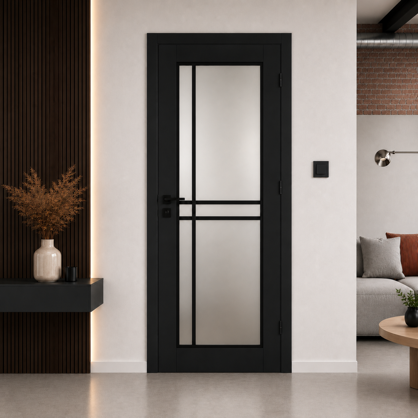 Piano 50 Frosted Glass Internal Rebated Door Set with Frame and Handle - Black Matt