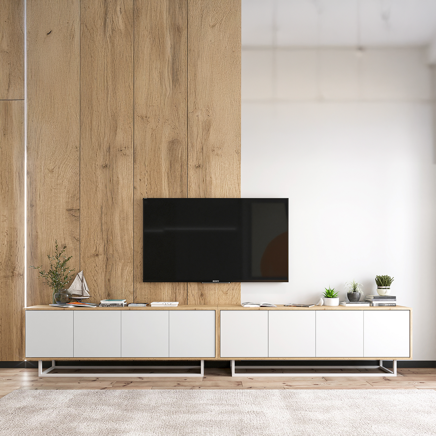 Apollo Modern TV Unit with Metal Base – White / Oak Wotan