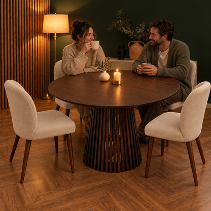 Ruston Premium Oak Veneer Round Extendable Table with Slats - Dark Walnut