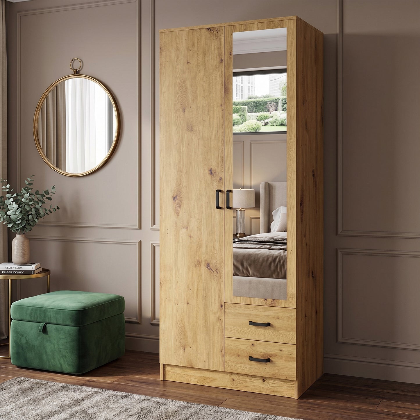 Tilly 2 Door Minimalist Style Mirrored Wardrobe with Drawers 80cm - Artisan Oak