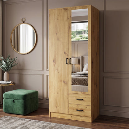 Tilly 2 Door Minimalist Style Mirrored Wardrobe with Drawers 80cm - Artisan Oak