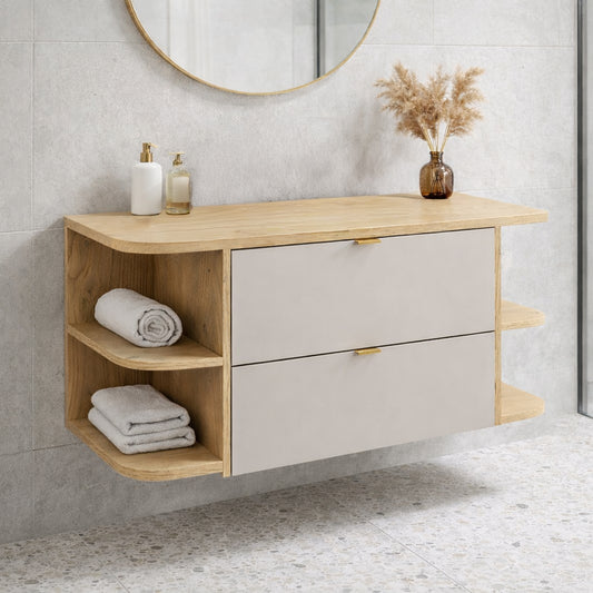 Dalia 2 Drawer Bathroom Cabinet Vanity Unit 100cm with Worktop and Two Rounded Open Shelves - Cashmere / Cremona Oak