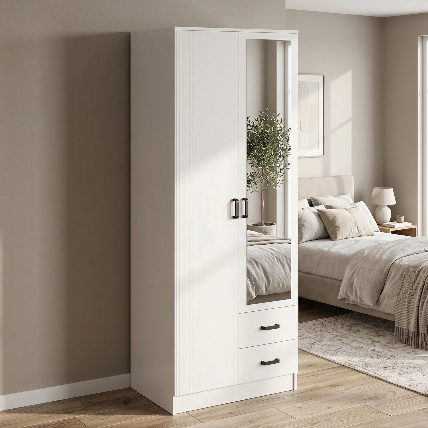 Suzanne 2 Door Fluted Design Mirrored Wardrobe with Drawers 80cm - White