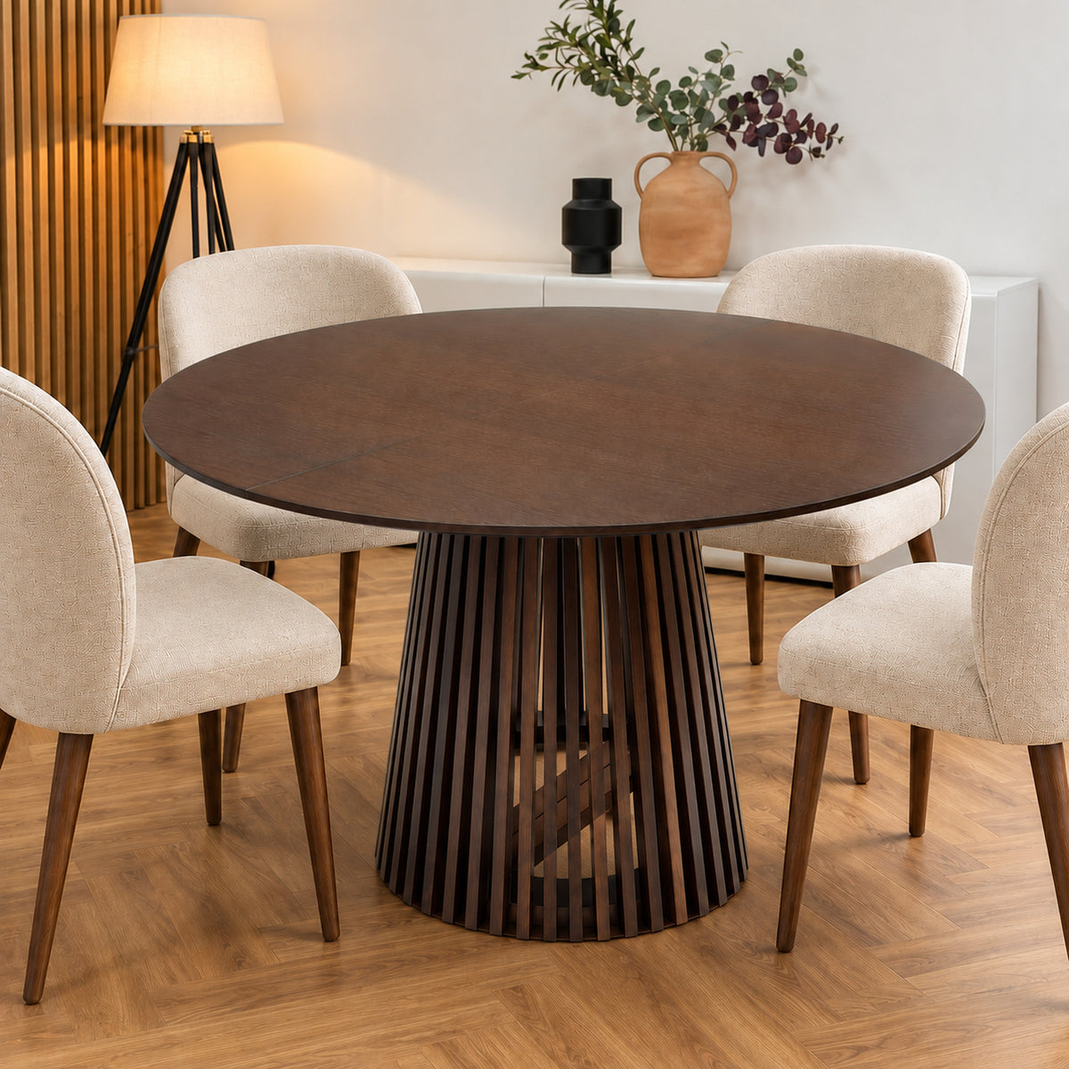Ruston Premium Oak Veneer Round Extendable Table with Slats - Dark Walnut