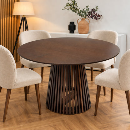 Ruston Premium Oak Veneer Round Extendable Table with Slats - Dark Walnut