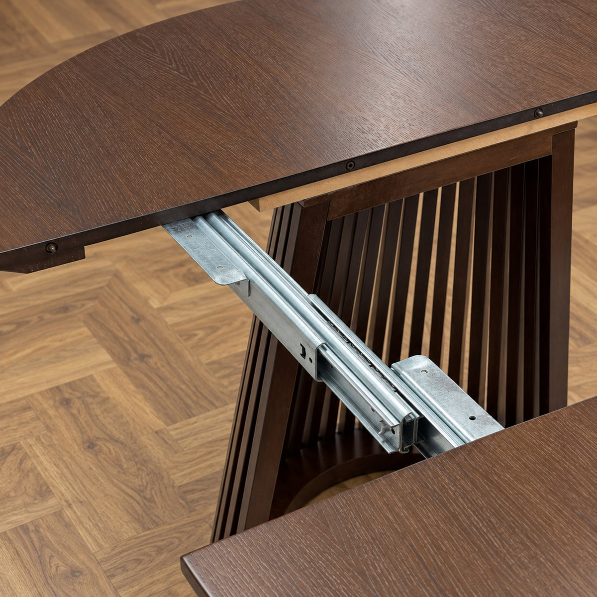 Ruston Premium Oak Veneer Round Extendable Table with Slats - Dark Walnut