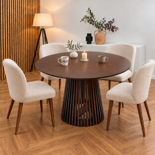 Ruston Premium Oak Veneer Round Extendable Table with Slats - Dark Walnut
