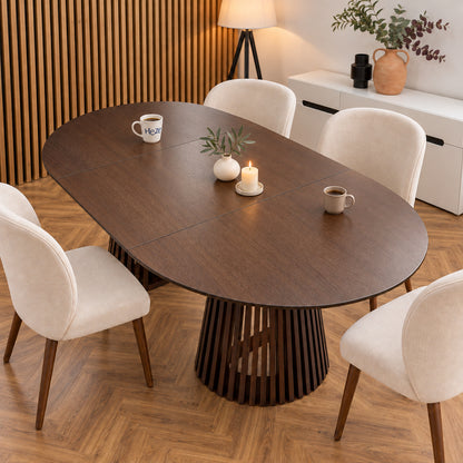 Ruston Premium Oak Veneer Round Extendable Table with Slats - Dark Walnut