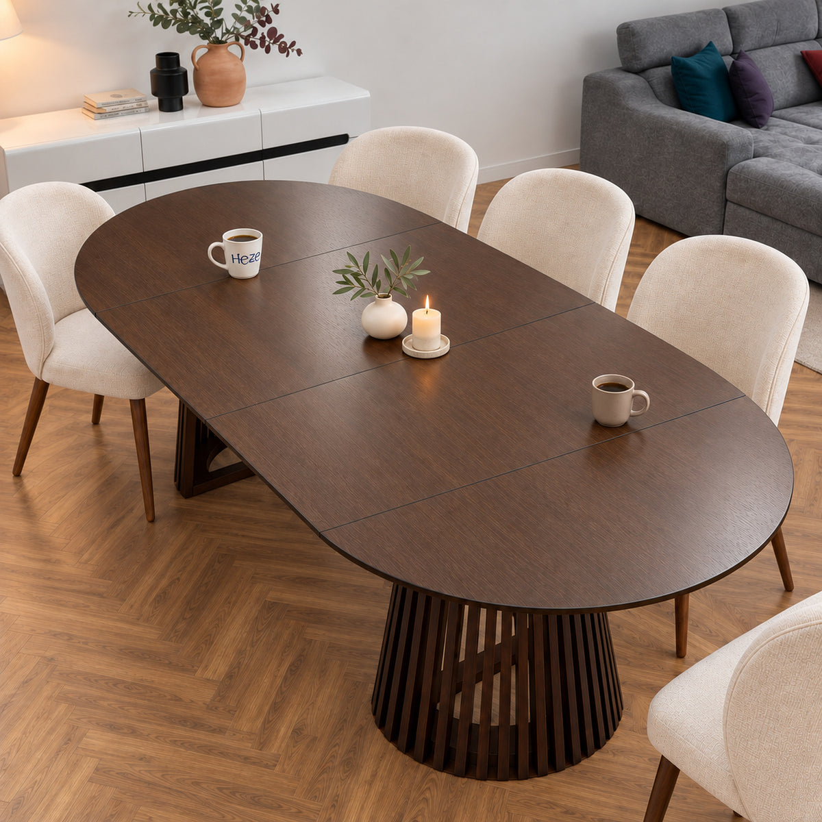 Ruston Premium Oak Veneer Round Extendable Table with Slats - Dark Walnut