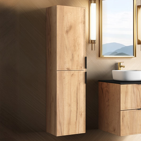 Simple Modern Minimal 2 Door Tall Bathroom Cabinet 136cm - Gold Craft Oak