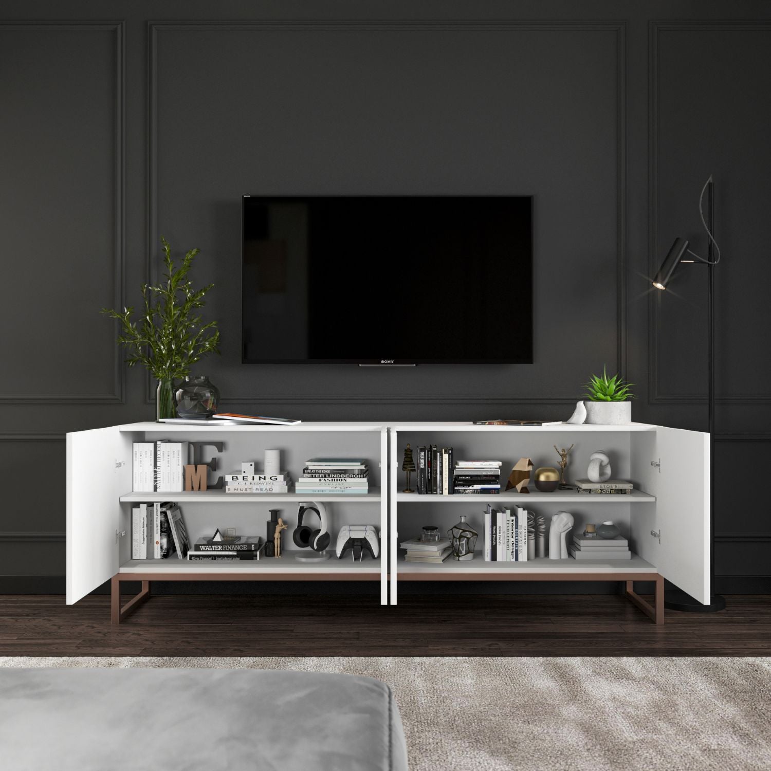 Elpis Glamour TV Cabinet Media Unit with Storage - White / Copper Frame