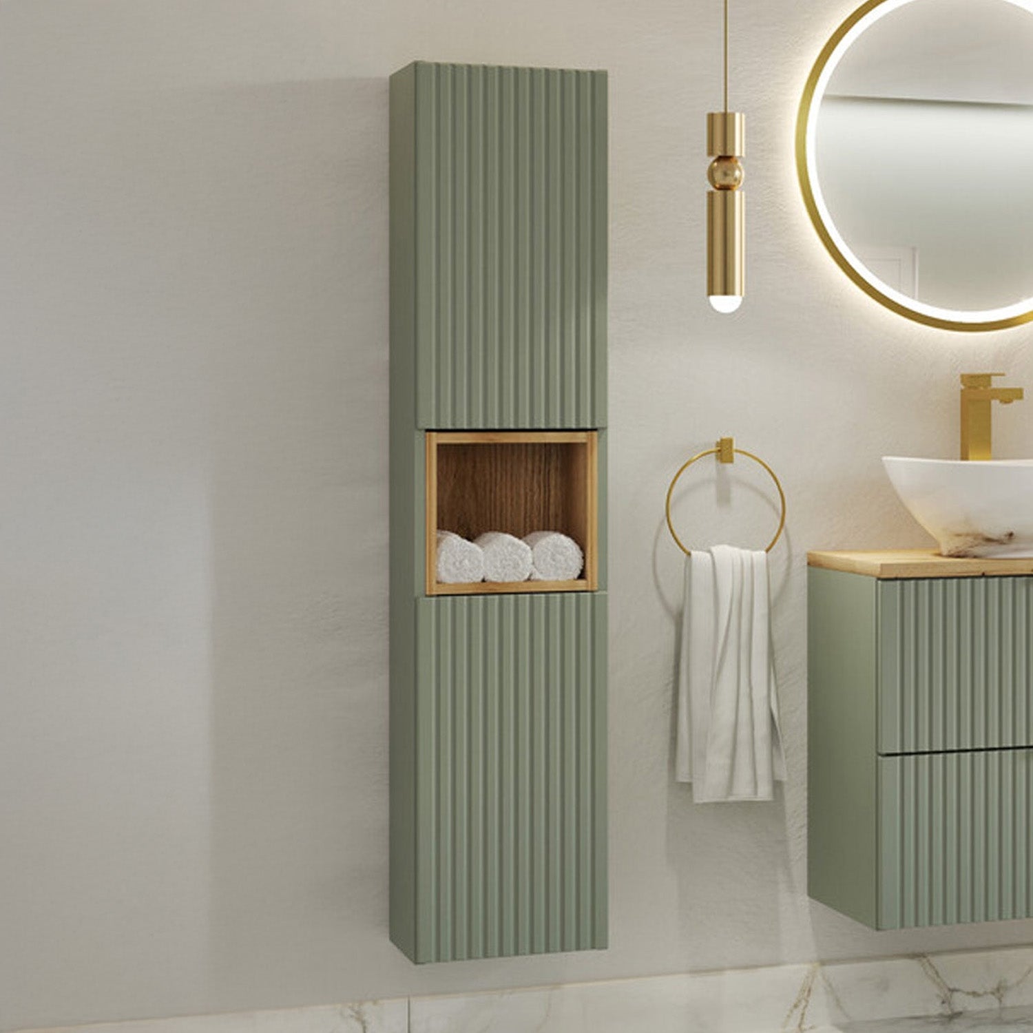 Line Reed 2 Door Tall Bathroom Cabinet - Sage