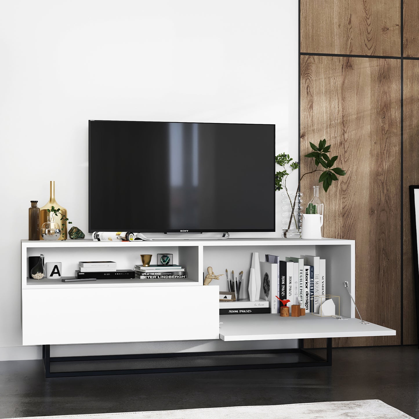 Enjoy Minimalist Freestanding TV Unit with Open Shelf and Metal Base – White