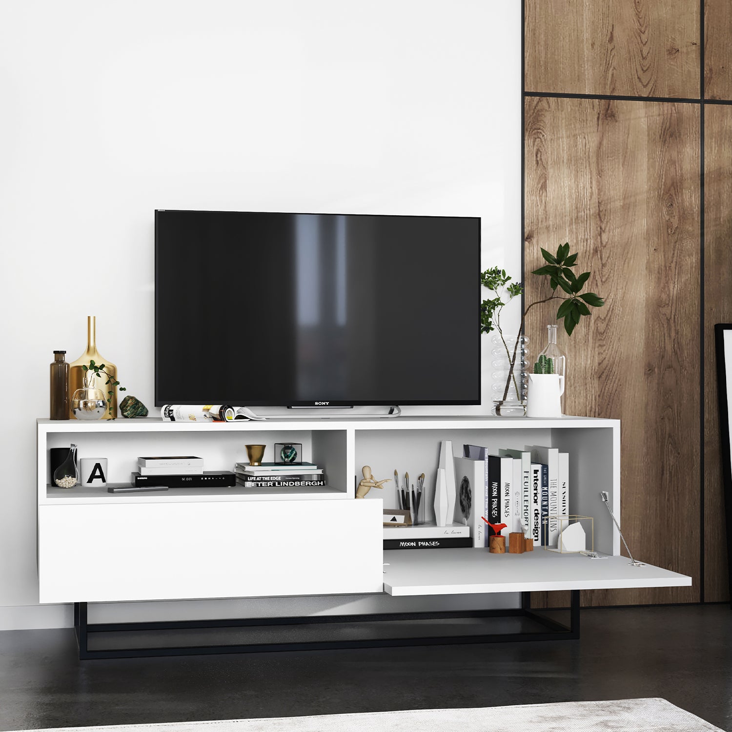 Enjoy Minimalist Freestanding TV Unit with Open Shelf and Metal Base – White