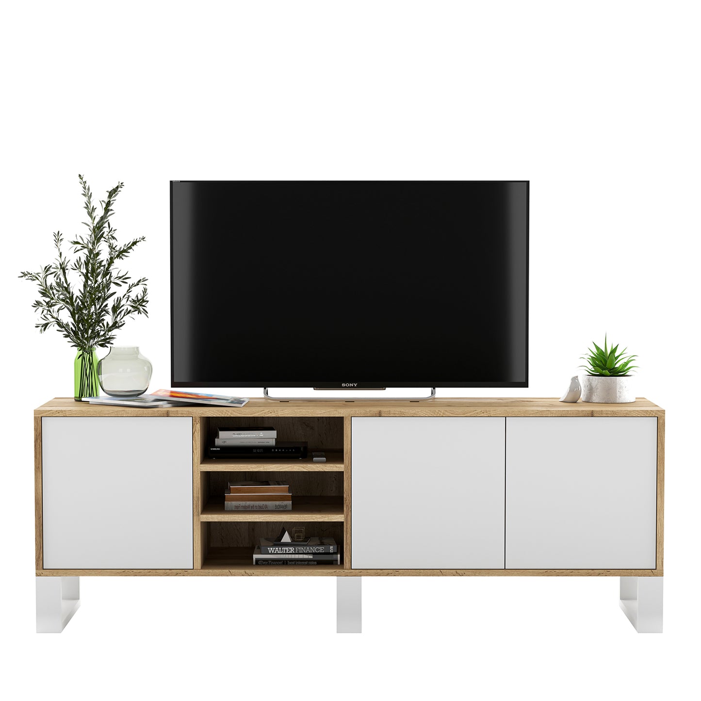 Apollo Modern TV Unit with Open Shelving and Three Metal Legs - White / Oak Wotan