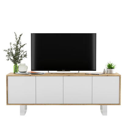 Apollo Modern TV Unit with 4-Door Design and Metal Legs – White / Oak Wotan