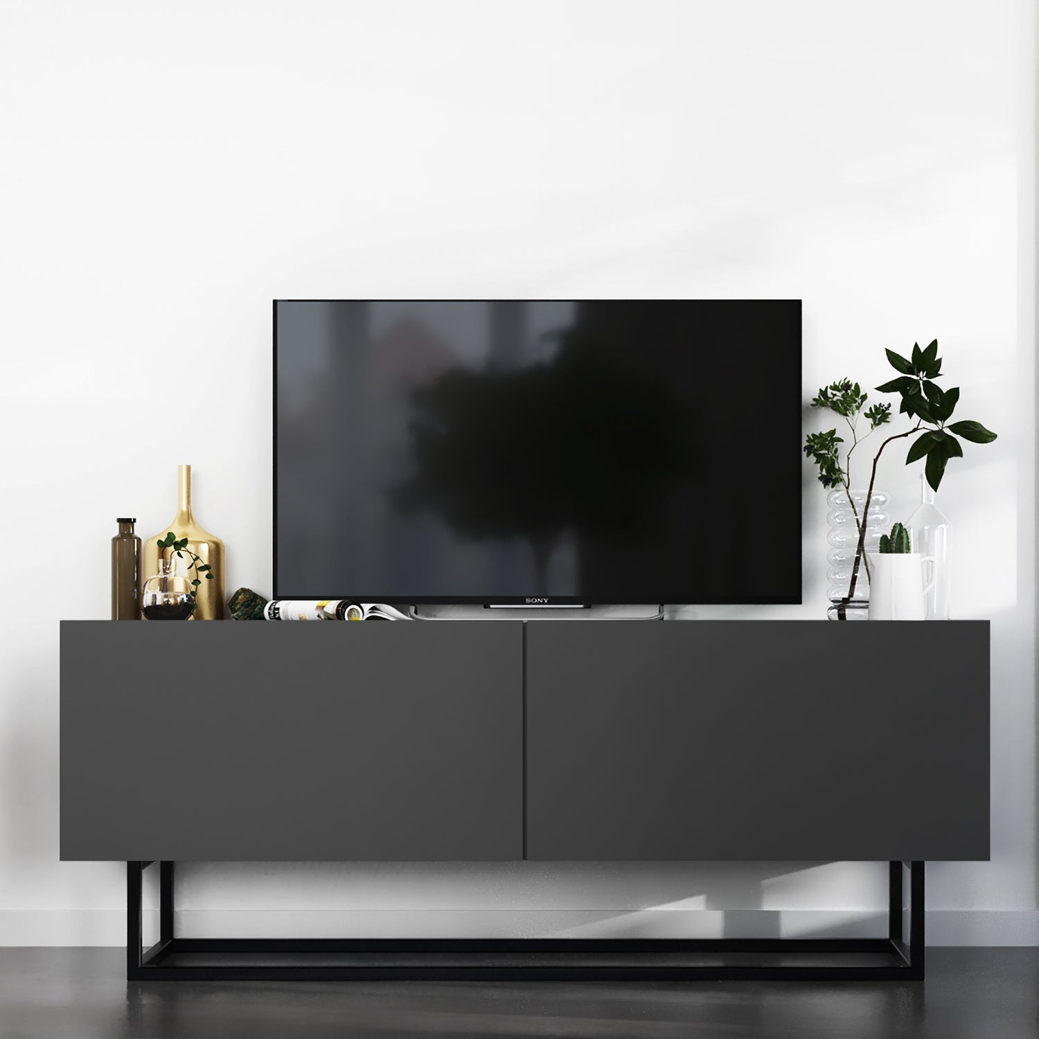 Enjoy Minimalist Freestanding TV Unit with Metal Base – Graphite