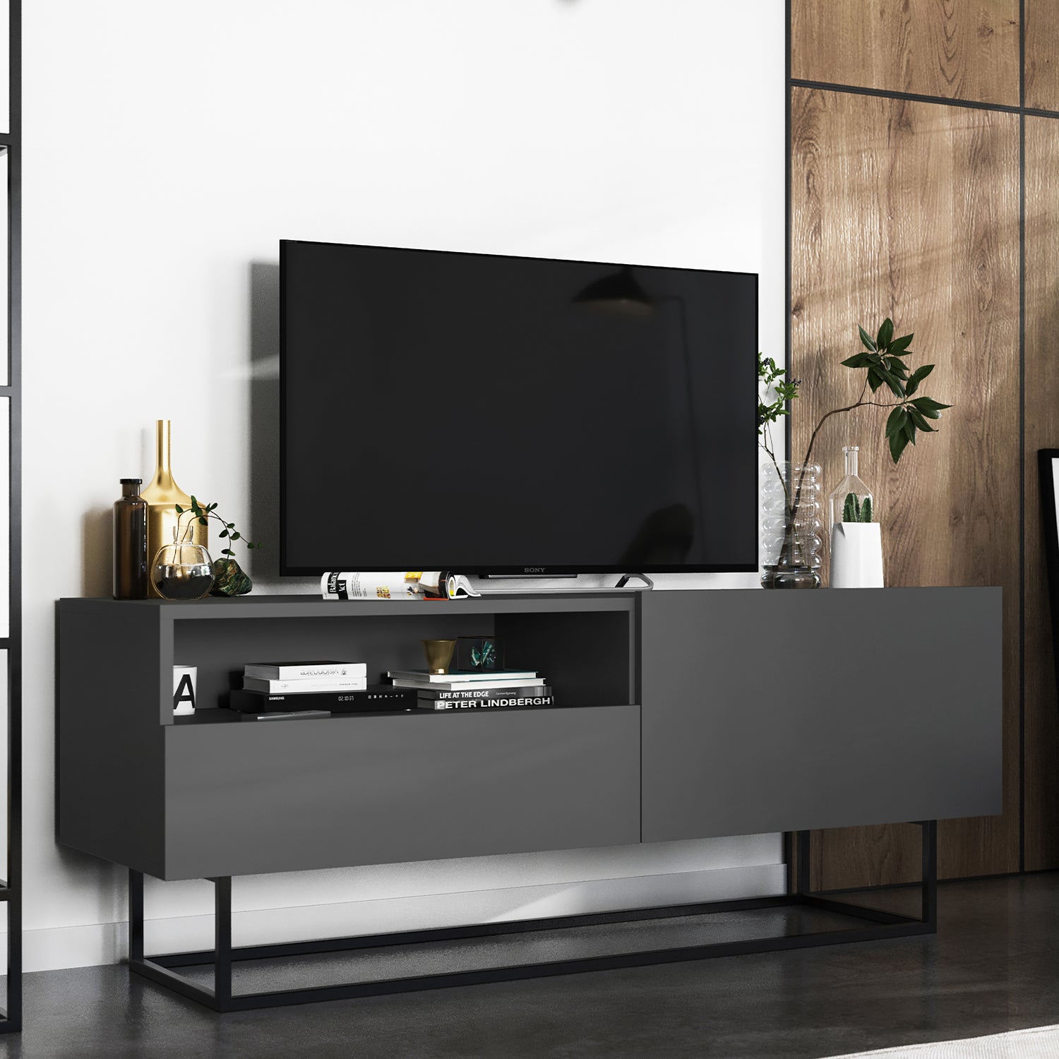 Enjoy Minimalist Freestanding TV Unit with Open Shelf and Metal Base – Graphite