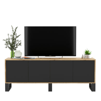 Apollo Modern TV Unit with 4-Door Design and Three Metal Legs – Black / Oak Wotan