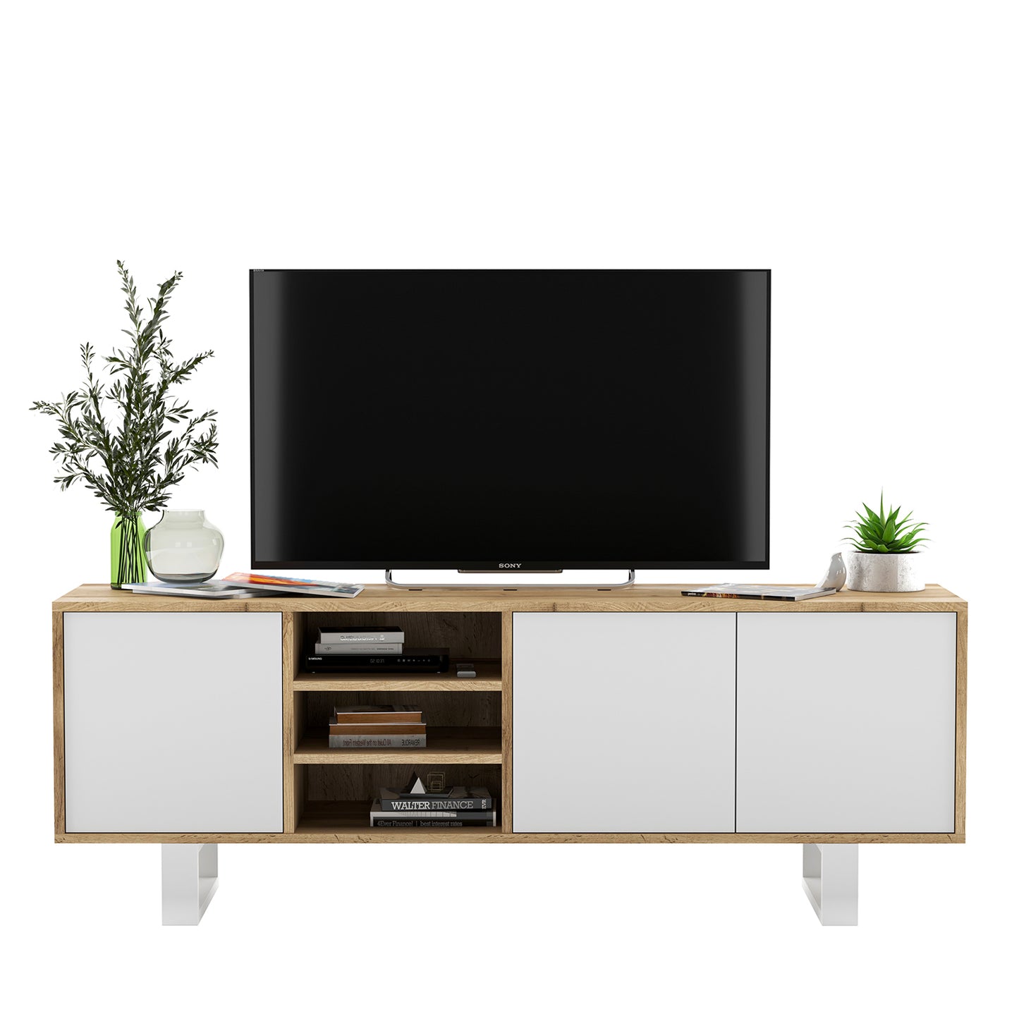 Apollo Modern TV Unit with Open Shelving and Metal Legs - White / Oak Wotan