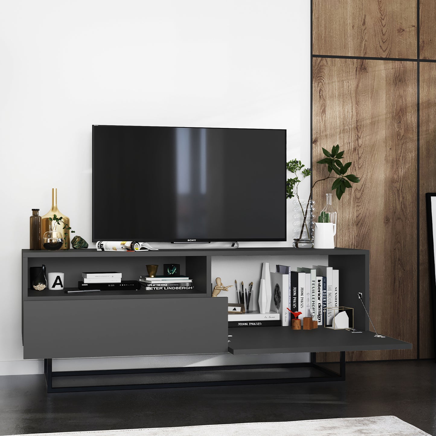 Enjoy Minimalist Freestanding TV Unit with Open Shelf and Metal Base – Graphite